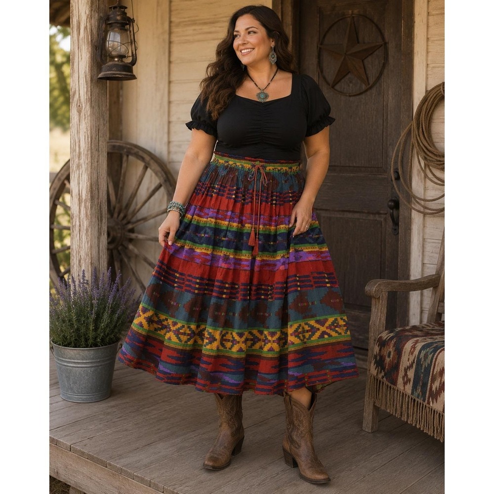 Asante Maxi Skirt Women XL Multicolor Southwestern Geometric Cotton Boho Vintage